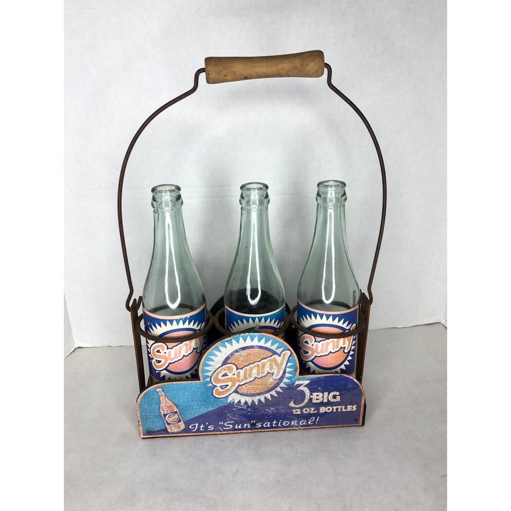 3 Vintage Sunny Soda Glass Bottles in Metal Carrying Case Advertisement Prop